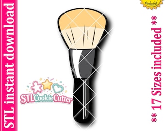 May include: A digital illustration of a makeup brush cookie cutter featuring a tan, fan-shaped bristle head and a solid black handle. The design includes text reading STL instant download, 17 Sizes included, and STLCookieCutter.
