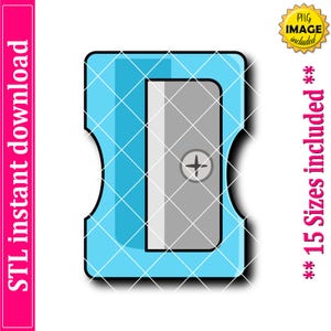 Op de afbeelding: Een lichtblauwe puntenslijper met een grijs mes en een kruisvormige schroef. De afbeelding bevat de tekst "STL instant download" in roze aan de linkerkant en "** 15 Sizes included **" aan de rechterkant. Een gouden "PNG IMAGE included" badge staat rechtsboven.
