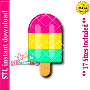 May include: A digital graphic of a popsicle with three horizontal color bands in hot pink, yellow, and teal, featuring a light orange stick at the bottom. The design includes a logo with the text STLCookieCutter and star and heart icons.