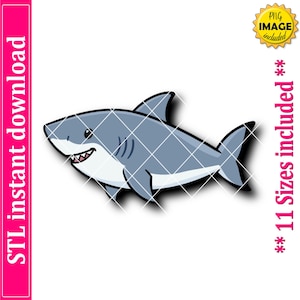 May include: A cartoon illustration of a shark in shades of gray and white, with a smiling mouth and sharp teeth. The image includes the text "STL instant download" on a pink vertical bar and "** 11 Sizes included **" in red.