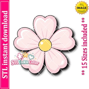 Pode incluir: Cortador de biscoitos em forma de flor rosa com centro amarelo e contorno preto. A imagem inclui o texto "STL instant download" e "15 Sizes included". O logotipo "STL Cookie Cutter" também está presente.