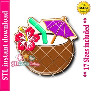 May include: A brown coconut drink container featuring a bright red hibiscus flower with a yellow center, a vibrant green straw, and a purple cocktail umbrella. The design includes the text STL Cookie Cutter in a stylized pink and white font.