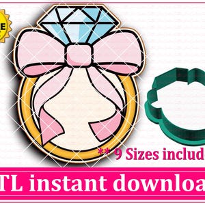 Diamond Engagement Wedding Ring With Bow Cookie Cutter STL File Instant Download, STL Cookie Cutter File Digital Download
