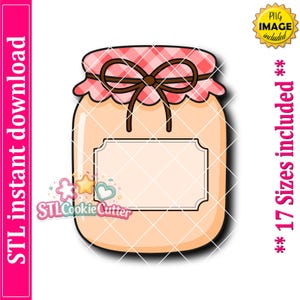 May include: A digital illustration of a mason jar with a light peach body, a blank rectangular label, and a pink and white checkered lid cover tied with a brown string bow. The image includes text stating STL instant download and 17 sizes included.