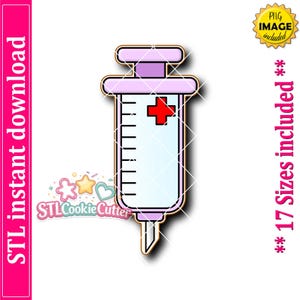 May include: A syringe-shaped cookie cutter design featuring a light purple plunger, a white barrel with black measurement markings, and a red cross symbol. The graphic includes the text STLCookieCutter and indicates that 17 sizes are included.