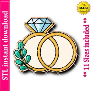 May include: A digital illustration of two wedding rings, one with a large diamond and the other plain. A sprig of green leaves is on the left. Text on the left says "STL instant download" and text on the right says "** 11 Sizes included **".
