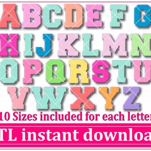May include: A set of colorful uppercase letters in a bold, blocky font style. The letters are in various colors, including pink, blue, green, yellow, and orange. The text below the letters reads "10 Sizes included for each letter" and "STL instant download".