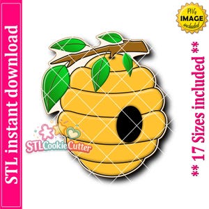 May include: A yellow beehive cookie cutter design featuring a brown branch with green leaves at the top and a black circular entrance hole. The graphic includes the text STL instant download, PNG image included, and 17 Sizes included.