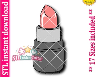 May include: A digital illustration of a lipstick tube with a light pink tip, a light gray middle section, and a dark gray base. The image includes text stating STL instant download, PNG image included, and 17 sizes included.