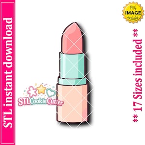May include: A digital illustration of a lipstick tube with a light pink lipstick bullet, a light blue middle section, and a light peach base. The image includes text stating STL instant download, PNG image included, and 17 sizes included.