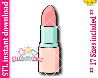 May include: A digital illustration of a lipstick tube with a light pink lipstick bullet, a light blue middle section, and a light peach base. The image includes text stating STL instant download, PNG image included, and 17 sizes included.