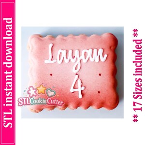 May include: A square cookie cutter with scalloped edges, featuring a pink gradient surface with the white text Layan and the number 4. The image includes the text STL instant download and 17 Sizes included on the side borders.