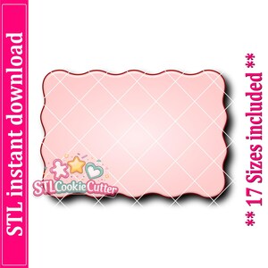 Pode incluir: Um cortador de biscoitos retangular com uma borda ondulada e festonada em cor rosa claro. O texto STL instant download está à esquerda e 17 Sizes included à direita. Um logótipo com uma flor rosa, uma estrela amarela e um coração azul-petróleo.