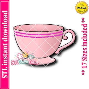 May include: A light pink teacup cookie cutter design featuring two horizontal magenta stripes near the rim and a curved handle. The graphic includes the text STL instant download, PNG image included, and 17 Sizes included with a logo.