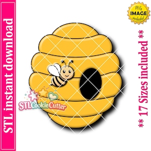 May include: A yellow beehive-shaped cookie cutter design featuring a cartoon bee with black and yellow stripes and white wings. The image includes text stating STL instant download, 17 Sizes included, and PNG image included with a logo.