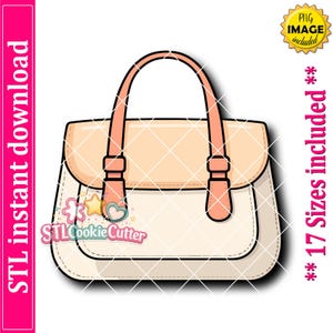 May include: A digital illustration of a handbag with a light peach flap and a cream-colored body. The bag features two peach-colored handles attached with rectangular loops. The text STL instant download and 17 Sizes included is visible.