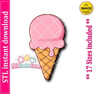 May include: A digital graphic of an ice cream cone with a pink scoop and a tan waffle cone featuring a cross-hatched pattern. The text reads STL instant download, 17 Sizes included, and PNG IMAGE included, with a logo for STLCookieCutter.