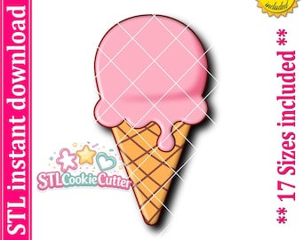 May include: A digital graphic of an ice cream cone with a pink scoop and a tan waffle cone featuring a cross-hatched pattern. The text reads STL instant download, 17 Sizes included, and PNG IMAGE included, with a logo for STLCookieCutter.