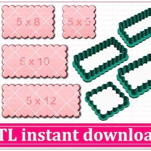 Puede incluir: Imagen de cortadores de galletas de varias formas. Se muestran rectángulos rosas con bordes festoneados de 5x8, 5x10 y 5x12 pulgadas (aprox. 12,7x20,3, 12,7x25,4 y 12,7x30,5 cm), y un cuadrado de 5x5 pulgadas (aprox. 12,7x12,7 cm). También se muestran cortadores de galletas verdes. El texto dice "STL instant download."