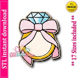 May include: A digital illustration of a gold ring with a large blue diamond and a light pink bow. The design features bold black outlines and a white center. Text on the image includes STL instant download, PNG image included, and 17 Sizes included.