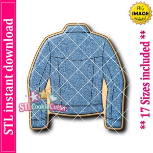 May include: A cookie cutter shaped like a denim jacket with a blue fabric texture pattern. The design features a collar, long sleeves with cuffs, and a back yoke. The text STL instant download and 17 Sizes included are visible.