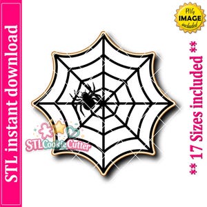 May include: A cookie cutter shaped like a spider web with a black spider in the centre. The design features thick black lines forming the web pattern against a white background. The text STL instant download and 17 Sizes included are visible.