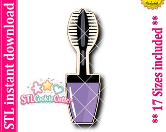 May include: A cookie cutter shaped like a mascara wand with a black applicator brush and a light purple container. The design features a black outline and includes text stating STL instant download, PNG image included, and 17 sizes included.