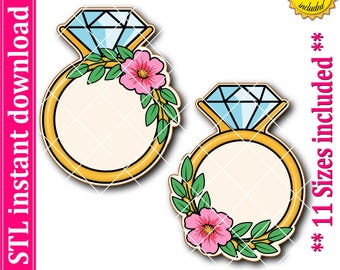 Floral Diamond Engagement Wedding Ring Cookie Cutter STL File, 11 Sizes (Digital Download)