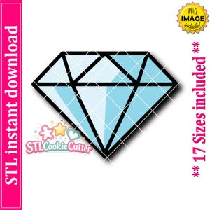 May include: A light blue diamond-shaped cookie cutter outline with thick black borders. The graphic includes the text STL instant download, 17 Sizes included, PNG IMAGE included, and a logo with the text STLCookieCutter and star shapes.