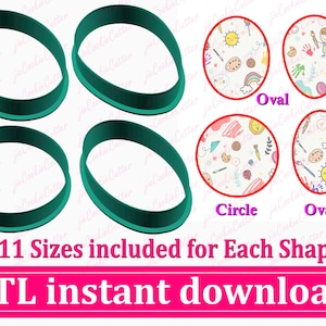 May include: The image displays four green oval-shaped cookie cutters and four illustrated designs in oval and circle shapes. The designs feature colorful patterns with suns, rainbows, and art supplies. Text on the image reads "11 Sizes included for Each Shape" and "STL instant download."