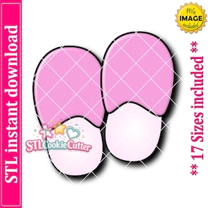 May include: A pair of pink and light pink house slippers with a rounded toe design. The image includes text stating STL instant download, PNG image included, and 17 sizes included, along with a logo featuring a star and heart icon.