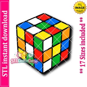 May include: A digital illustration of a 3D puzzle cube featuring a grid of small squares in red, blue, yellow, green, orange, and white colors. The graphic includes text reading STL instant download, PNG image included, and 17 Sizes included.