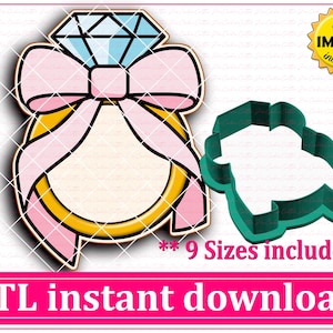 Diamond Engagement Wedding Ring With Bow Cookie Cutter STL File Instant Download, STL Cookie Cutter File Digital Download