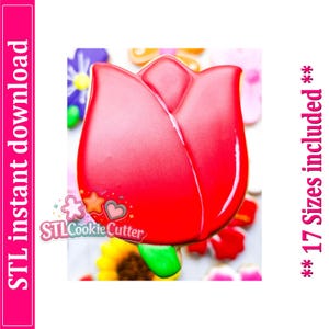 May include: A red tulip-shaped cookie cutter with a green stem base. The text on the left reads STL instant download and the text on the right reads 17 Sizes included. A logo with the text STLCookieCutter is visible on the lower left side.
