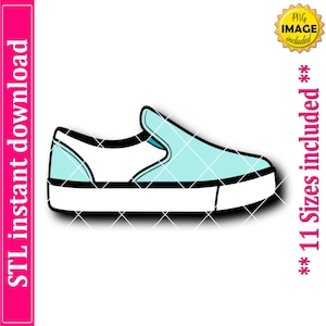 May include: A digital illustration of a slip-on shoe in a light blue and white color scheme. The shoe has a black outline and a white sole. The image includes the text "STL instant download" and "** 11 Sizes included **".