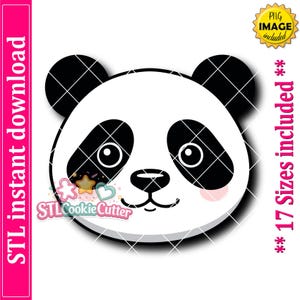 Puede incluir: Un gráfico digital de una cara de panda con orejas negras, parches negros en los ojos, nariz negra y una boca pequeña. La imagen incluye el texto STL instant download, PNG image included, 17 sizes included y el logotipo de STLCookieCutter.