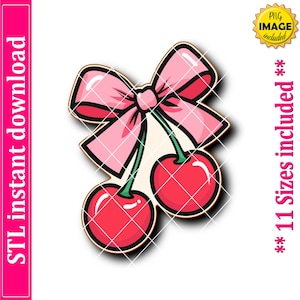Puede incluir: Ilustración digital de dos cerezas rojas con tallos verdes y un lazo rosa. La imagen incluye el texto "STL instant download" a la izquierda y "** 11 tamaños incluidos **" a la derecha, con una insignia "PNG image included".