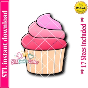 May include: A digital graphic of a cupcake with a light tan base featuring vertical white stripes and a multi-layered pink frosting top. The image includes text stating STL instant download, PNG image included, and 17 sizes included.