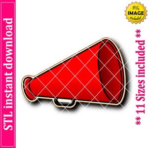 May include: A red megaphone illustration with a white grid pattern, outlined in brown and black. The image includes text that says "STL instant download" and "PNG image included". The image also says "11 Sizes included".