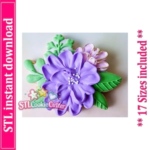 May include: A biscuit shaped like a floral arrangement with a large purple flower, smaller light purple petals, and green leaves. The text STL instant download and 17 Sizes included are visible. A logo with the text STLCookieCutter is also present.