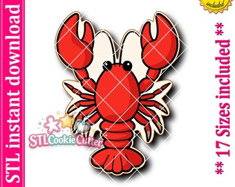 May include: A digital illustration of a red lobster cookie cutter with two large claws, multiple legs, and a segmented tail. The design includes the text STL instant download, PNG image included, and 17 Sizes included in the surrounding layout.