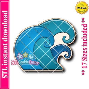May include: A blue ocean wave cookie cutter design featuring multiple curved crests in varying shades of blue and cream. The graphic includes the text STL instant download, 17 Sizes included, and PNG IMAGE included, with a small logo.