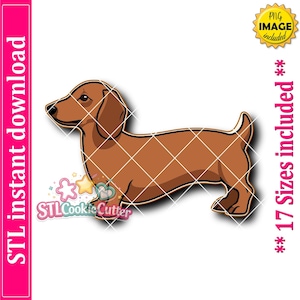 May include: A digital illustration of a brown dachshund dog in profile. The image includes text reading STL instant download, 17 Sizes included, and PNG IMAGE included. A logo with the text STLCookieCutter and star shapes is visible.