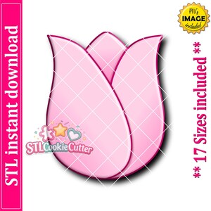 May include: A pink tulip-shaped cookie cutter outline with a dark pink border. The image includes text stating STL instant download, PNG image included, and 17 sizes included, along with a logo featuring a star, heart, and flower icon.