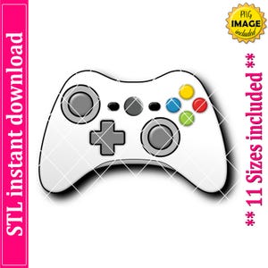 以下が含まれることがあります： グレーのボタンと十字キーが付いた白いゲームコントローラー。 コントローラーには、青、黄、赤、緑のカラーボタンがあります。 画像には「STL instant download」と「11 Sizes included」というテキストが含まれています。