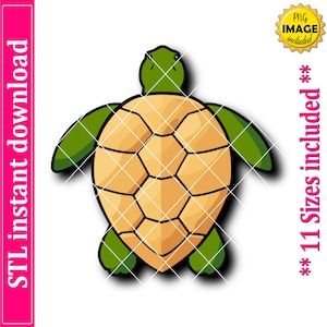 May include: A cartoon illustration of a sea turtle with a green head, flippers, and a segmented tan shell. The image includes the text "STL instant download" on the left and "** 11 Sizes included **" on the right.