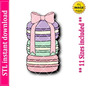 May include: A stack of colorful macarons with a pink bow and ribbon. The macarons are in shades of pink, green, and purple. The image includes the text "STL instant download" and "** 11 Sizes included **".