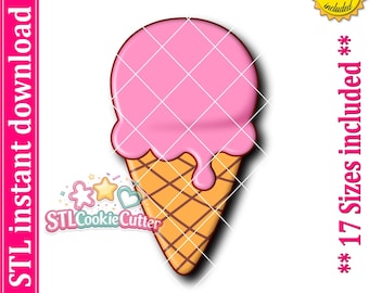 May include: A digital graphic of an ice cream cone with a pink scoop and a tan waffle cone featuring a brown grid pattern. The image includes text stating STL instant download, 17 Sizes included, and a logo with the text STLCookieCutter.