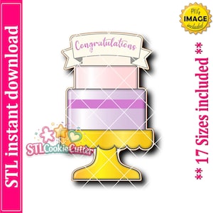 May include: A digital illustration of a two-tiered cake on a yellow pedestal stand, topped with a banner featuring the text Congratulations. The cake has a light pink top tier and a light purple bottom tier with a darker purple horizontal stripe.