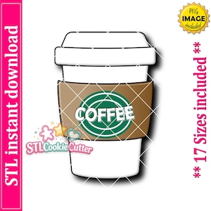 May include: A white coffee cup cookie cutter with a brown sleeve featuring a green circular logo with the word COFFEE in white letters. The design includes a lid and a tapered base, presented as a digital file for 3D printing or crafting.